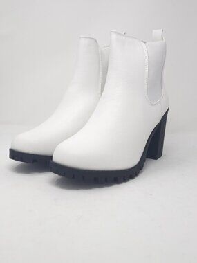 White Chunky Heel Ankle Boots Chelsea Style Platform Minimalist Trendy